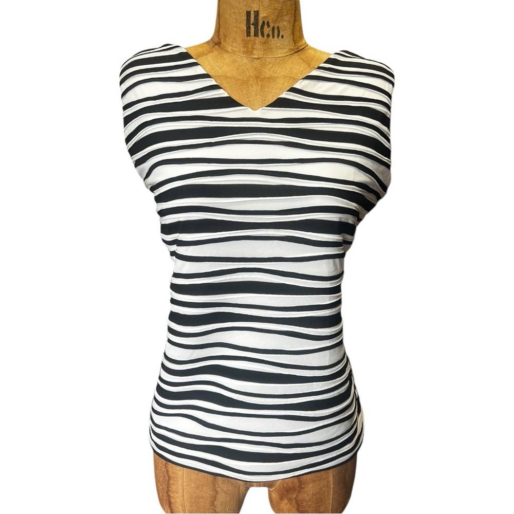 White House Black Market Black & White Striped V-Neck Tank Top